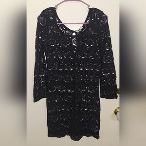 Roxy Y2K Vintage Deadstock Black Nylon Crochet Longsleeve Mini Dress Size S NWT
